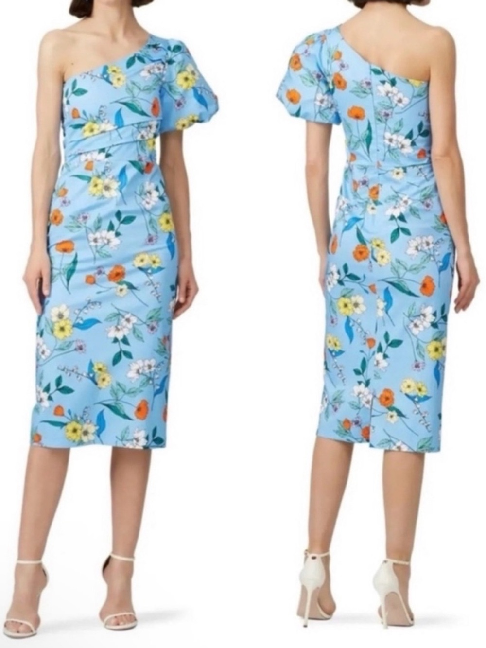 ❤️‍🩹HUNTER BELL MARGO One-Shoulder Blue Floral pleated Dress